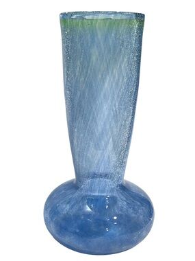 Vintage 1990s Art Glass Blue with Green Rim Crackle Glass Large Vase Hand Blown